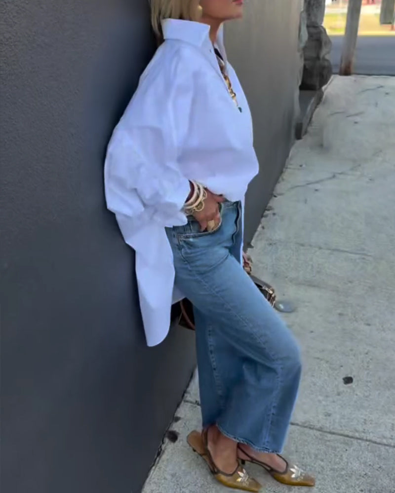 Skjorta Mode Lös Passform Kragad