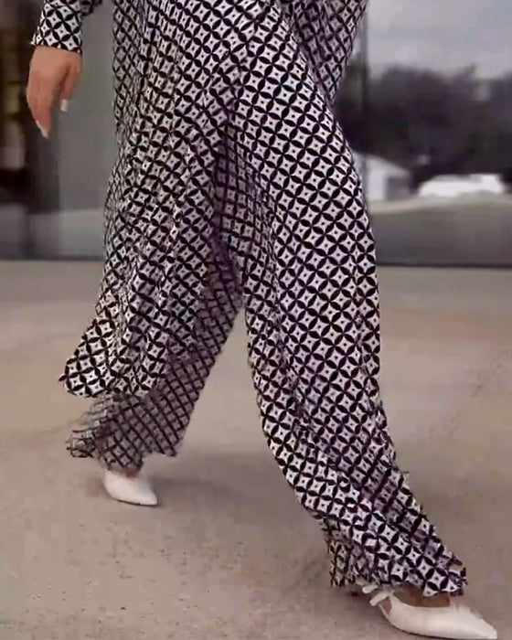 Set Geometrisk Print Långa Blusar Med Vida Byxor