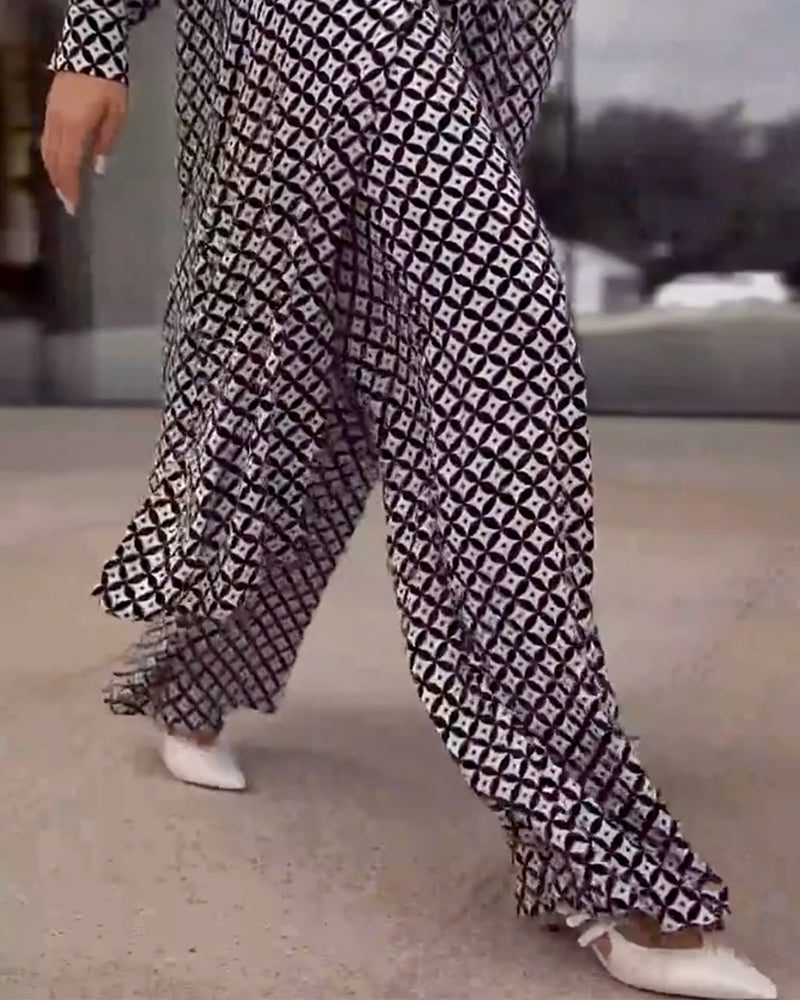 Set Geometrisk Print Långa Blusar Med Vida Byxor