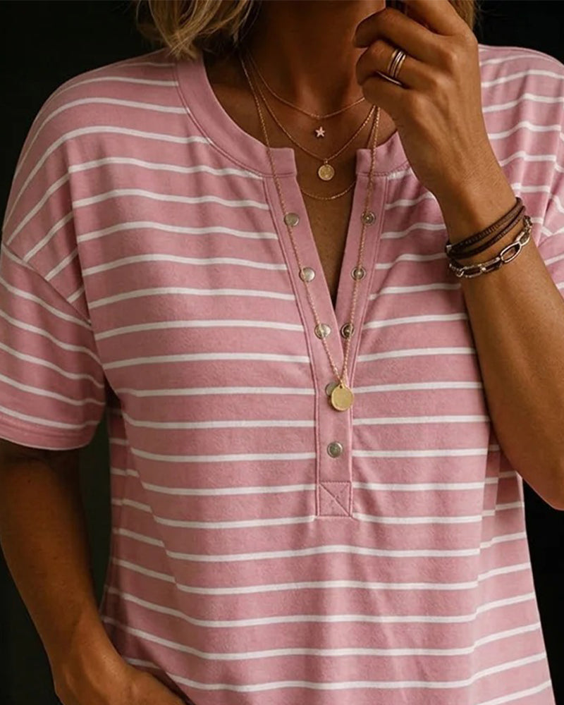 T-Shirt Horisontell Randig Henley Hals Kort Ärm