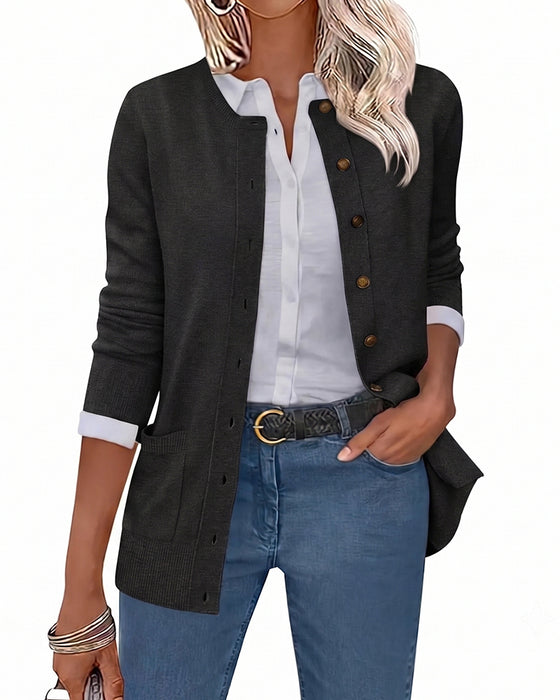 Cardigan Rundhalsad Knapp Lång Ärm Solid