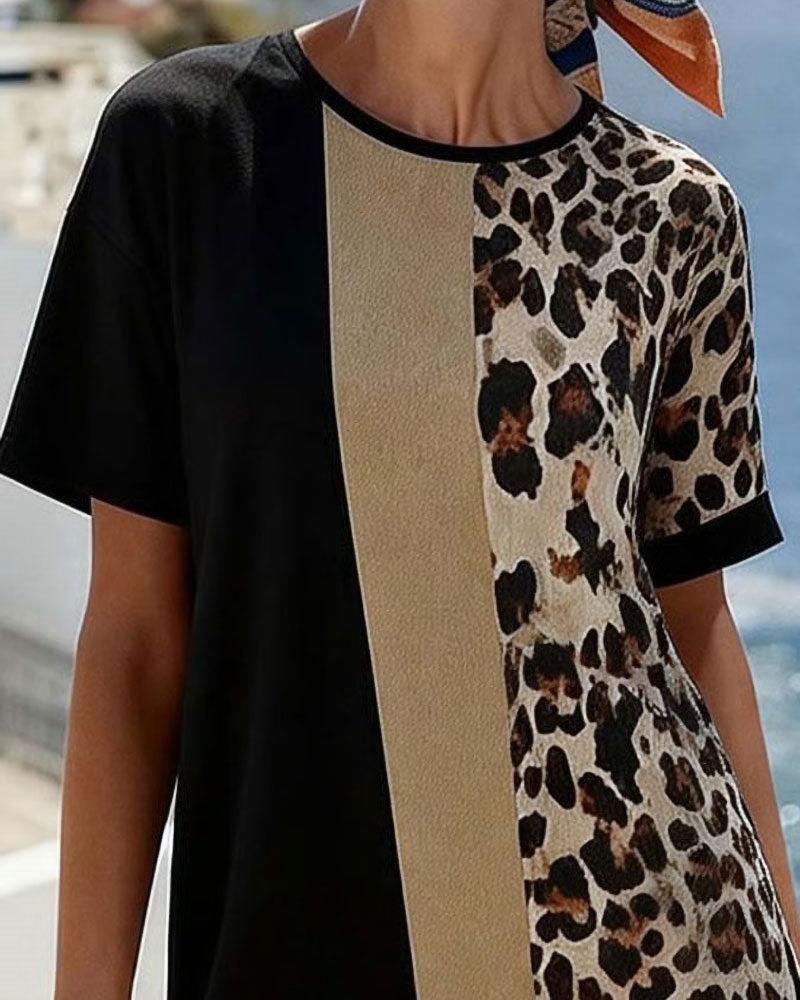 Set Leopard Tryck Färgblock Oregelbundna Quarter Byxor