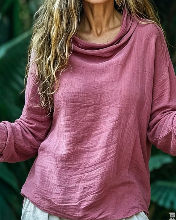 Blus Draperad Hals Casual Solid Lång Ärm