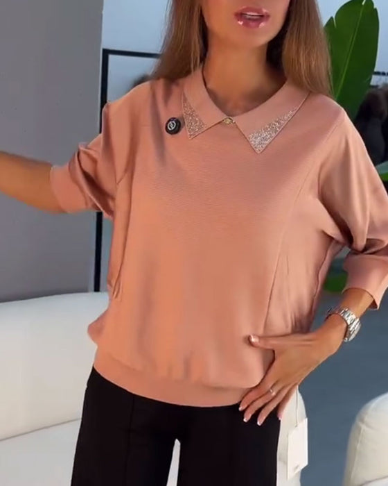 Pullover Slag Armbågslång Ärm Stickad Elegant