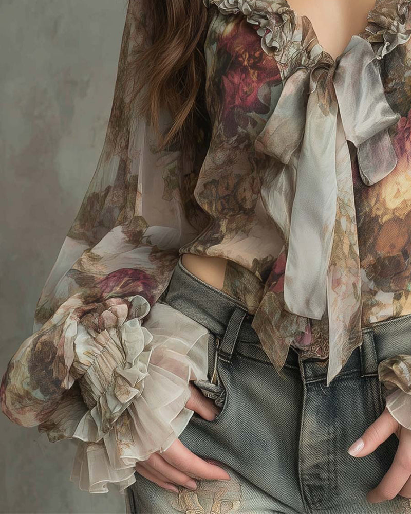 Blus Lotusmönster Elegant