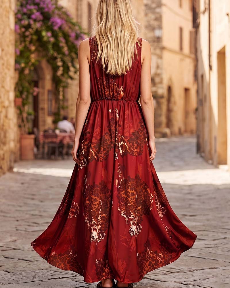 Klänning V-Hals Leopard Bohemisk Spagettiband Maxi