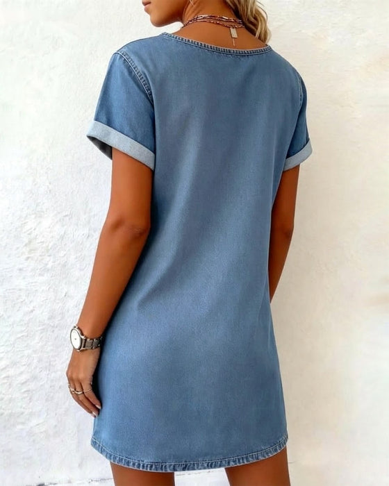 Klänning Denim V-ringning Kortärmad Shift