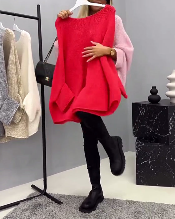 Moderiktig enfärgad fladdermusärmad tröja med rund hals