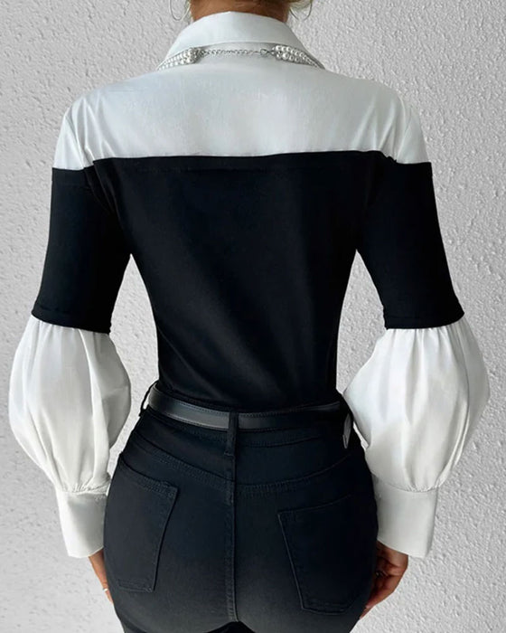 Topp Färgblock Off-Shoulder Lantern Ärm Lapptäcke