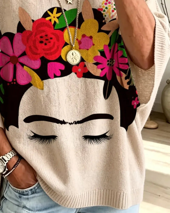 Loose Fit Ansikte Blommigt Print Pullover