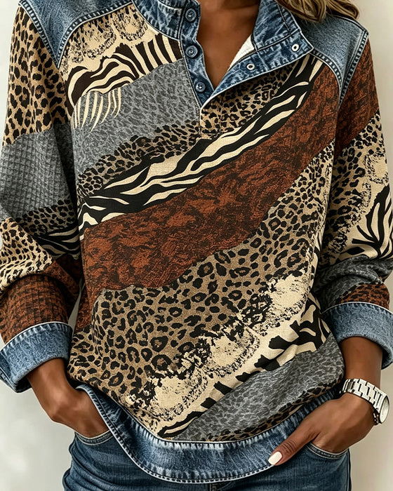 Blus Patchwork Leopard Knapp