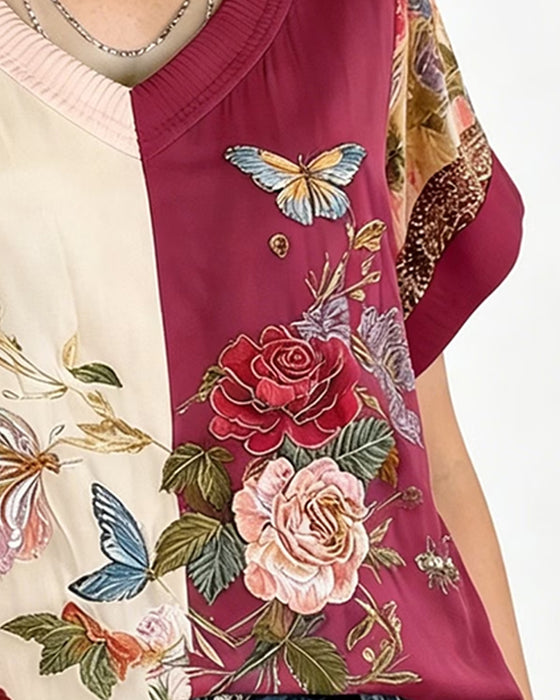 Blus V-Hals Asymmetrisk Patchwork Blommig