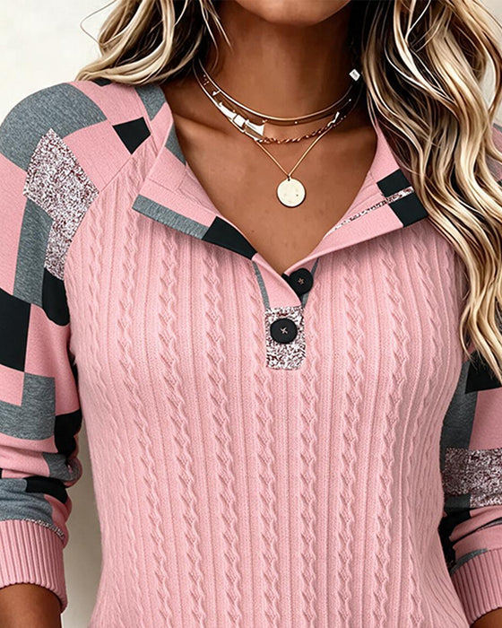 Sweatshirt Färgblock Henley Krage Långärmad Knappad