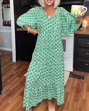 Klänning Diamant Tryck V-Hals Maxi Skiktad