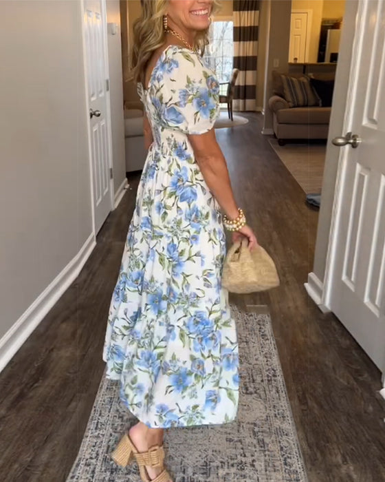 Klänning Fyrkantig Urringning Plisserad Blommig A-Linje