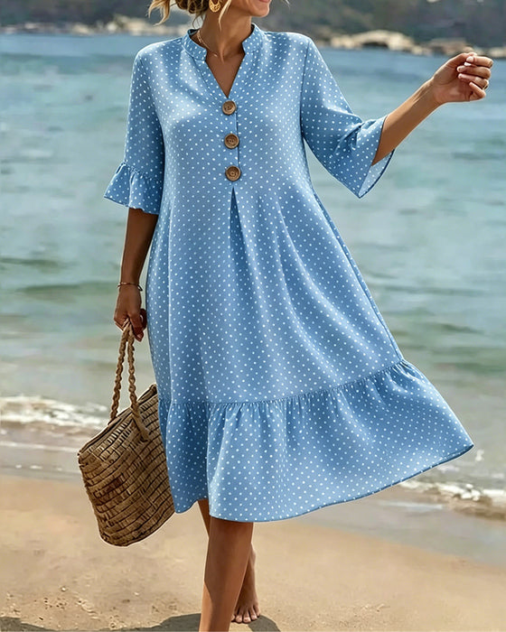 Klänning Polka Dot V-Hals Rynkad Ärm