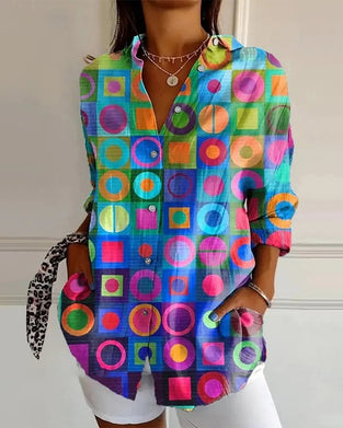 Skjorta Färgglad Geometriskt Mönster Lång Ärm