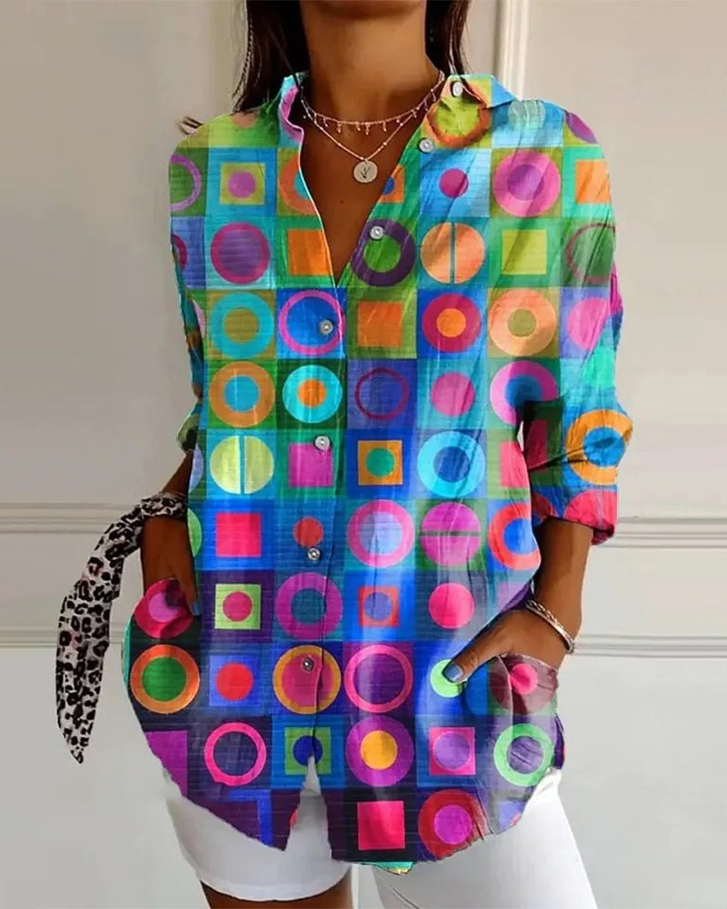 Skjorta Färgglad Geometriskt Mönster Lång Ärm