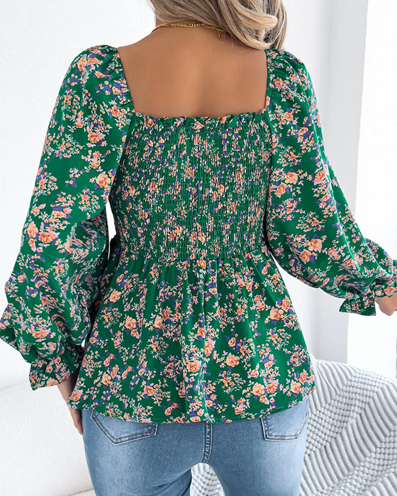 Blus Fyrkantig Hals Rynkad Blommig Ruffle