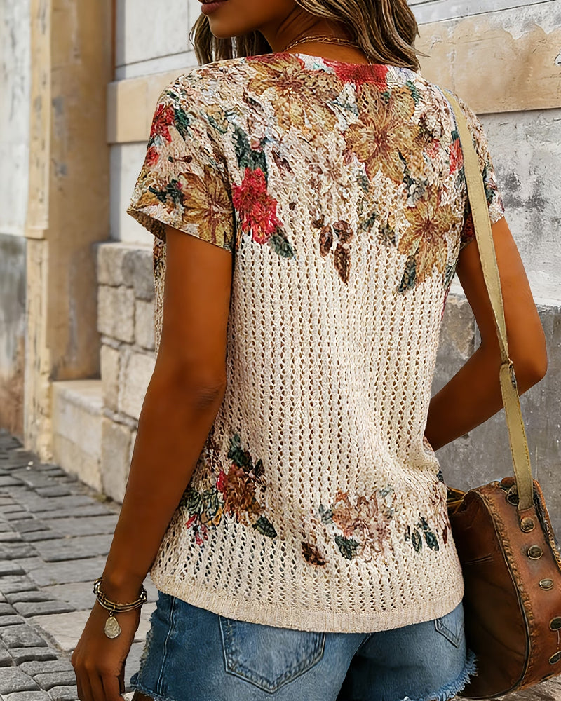 Knit Top Urklippt Blommig Kort Ärm