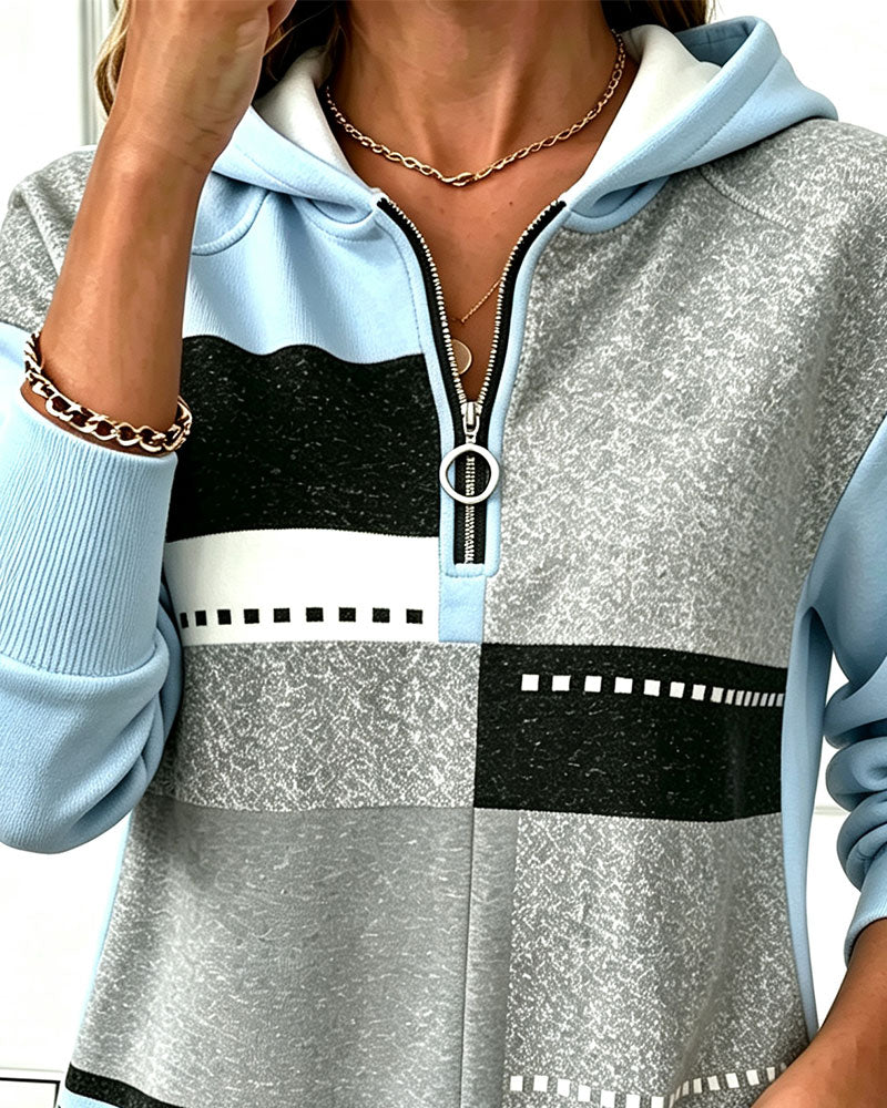 Hoodie Halv Dragkedja Kontrast Geometrisk Tryck