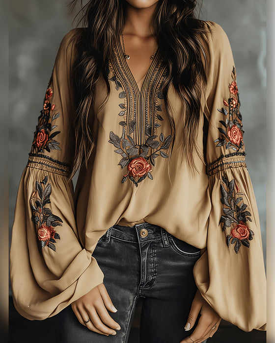 Blus Rosetryck V-Hals Bohemisk