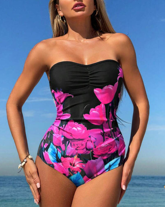 Baddräkt Bandeau Blommigt Tryck Helkropp