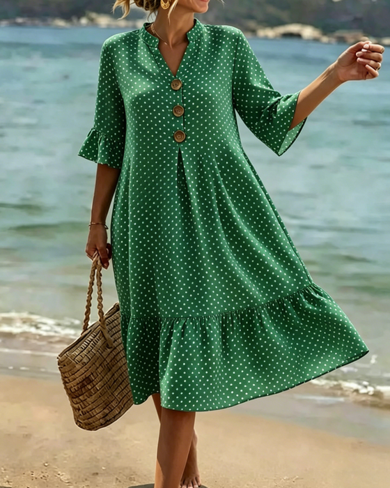 Klänning Polka Dot V-Hals Rynkad Ärm