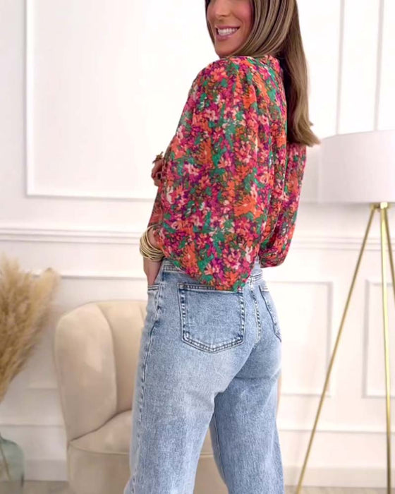 Puffärm tryckt skjorta med button-down