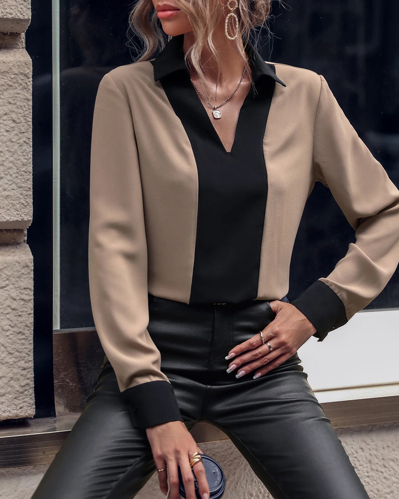 Blus Med Kraag Design, Färgblock Detalj Och Elegant Stämning