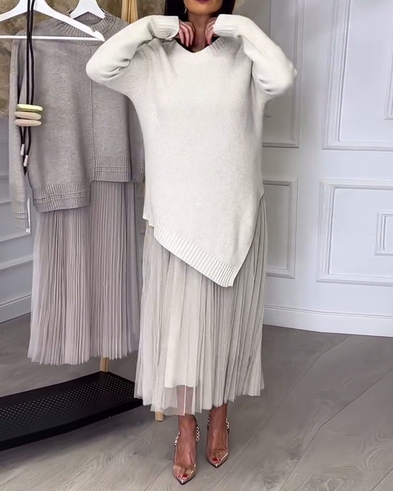 Tvådelat Set Med Pullover Och Kjol I Rund Halsringning Och Oregelbunden Design