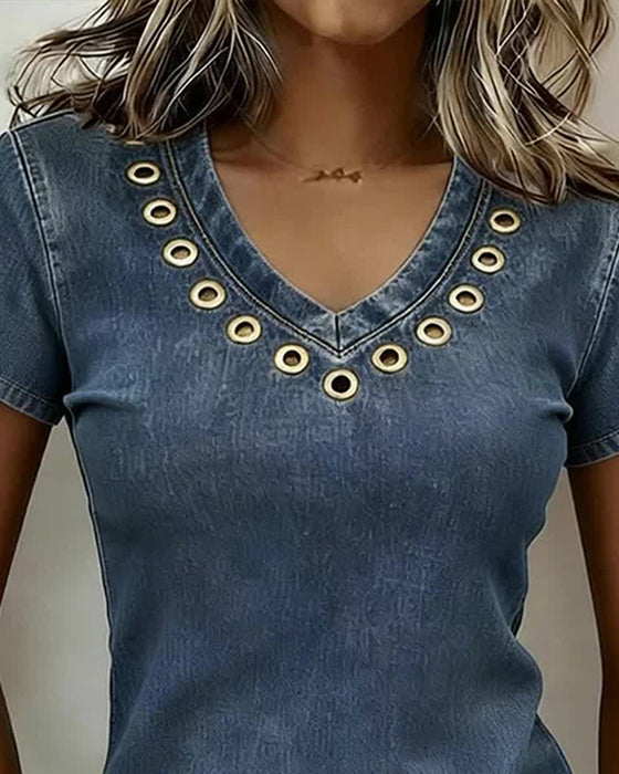 Topp Genombruten V-Ringad Kortärmad