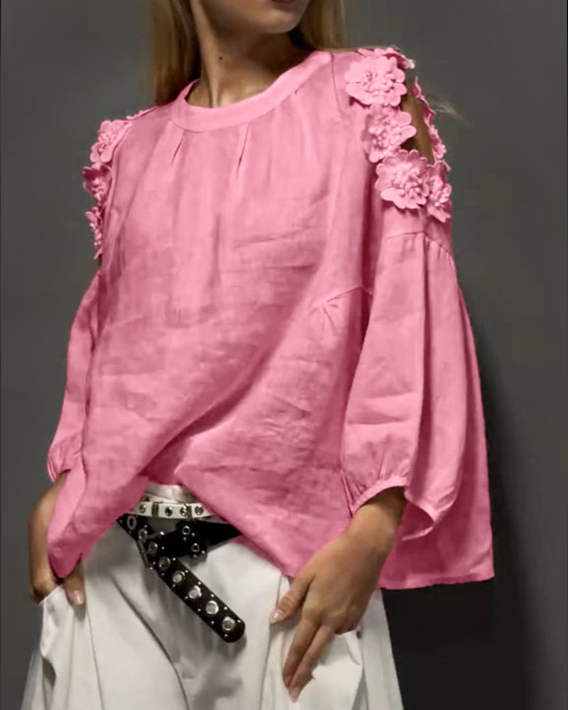 Blusar Rundhals Utskärning Off-Shoulder 3D Blommig