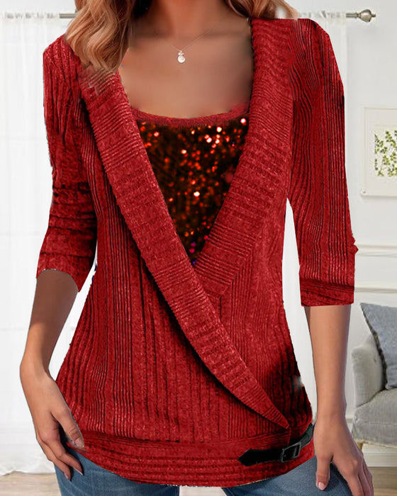 Moderiktig enfärgad falsk tvådelad topp med paljett och fyrkantig hals