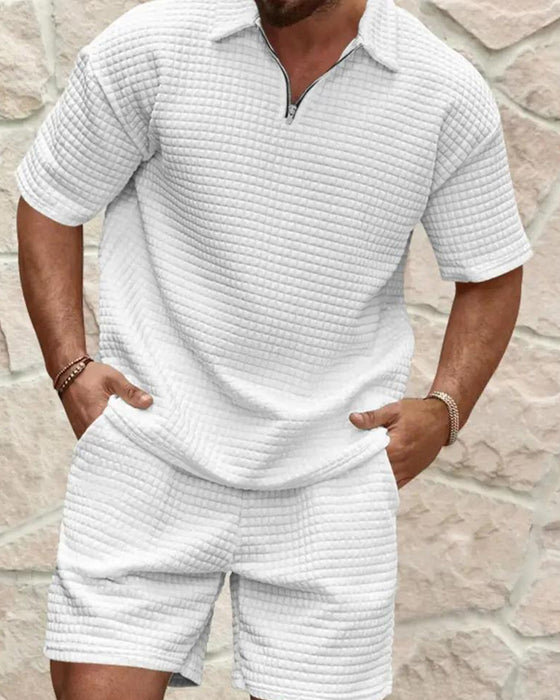 Set Polo Krage Dragkedja Våffel Textur Shorts