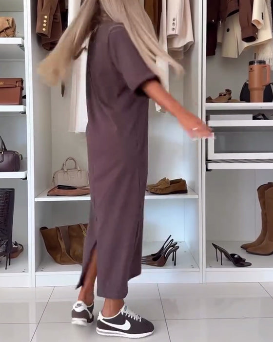 Klänning Enfärgad Rundhalsad Slits Tunika