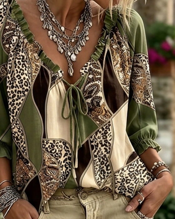 Blus V-Hals Leopard Puffärm Knyt