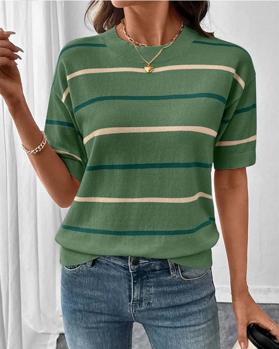 Pullover Rand Kontrastfärg Kortärmad Stickad