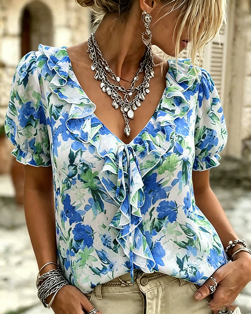 Blus V-Hals Ruffle Bubbel Ärm