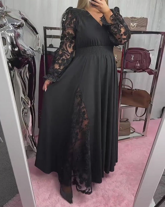 Klänning Spets Sticksöm V-Ringning A-Hem