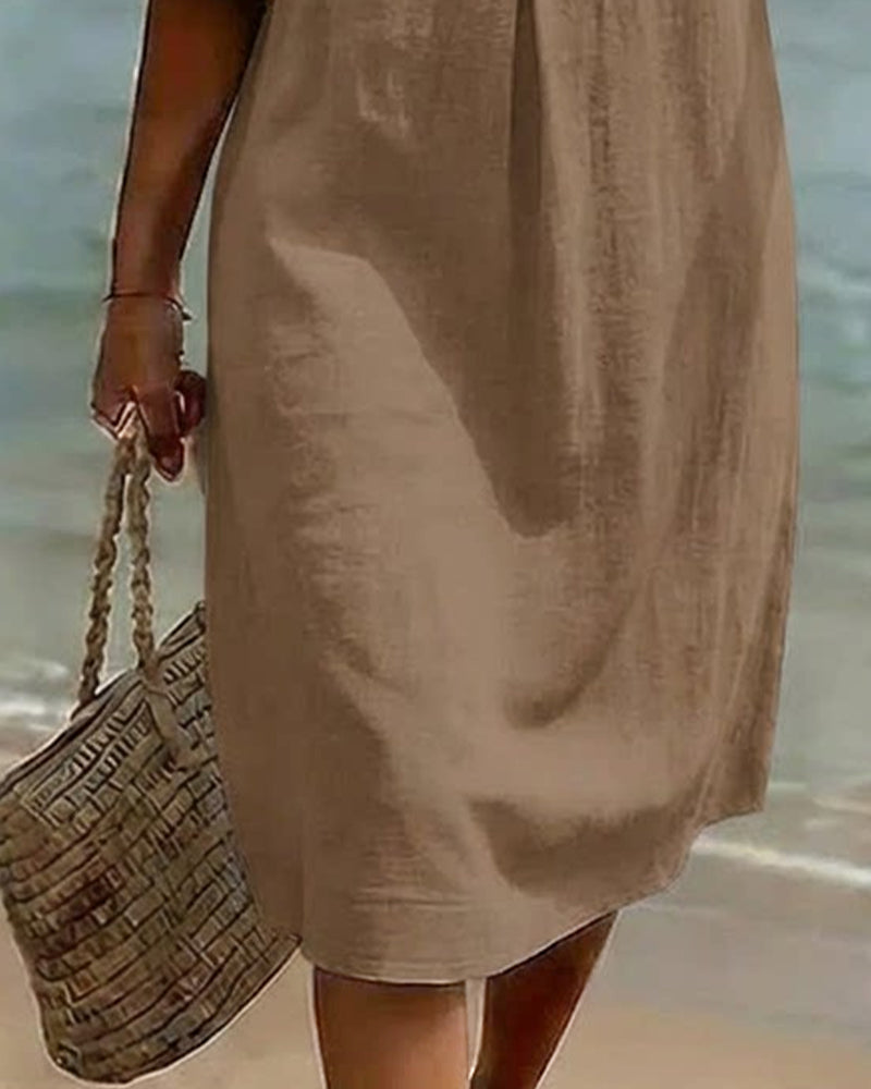 Klänning Knapp Rynkad Ärm 100% Bomull