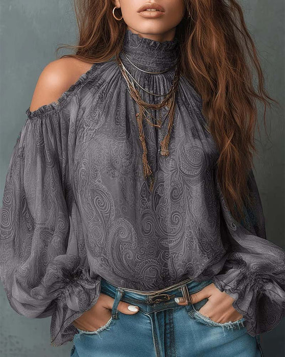 Blus Tryckt Off-Shoulder Mandarin Krage
