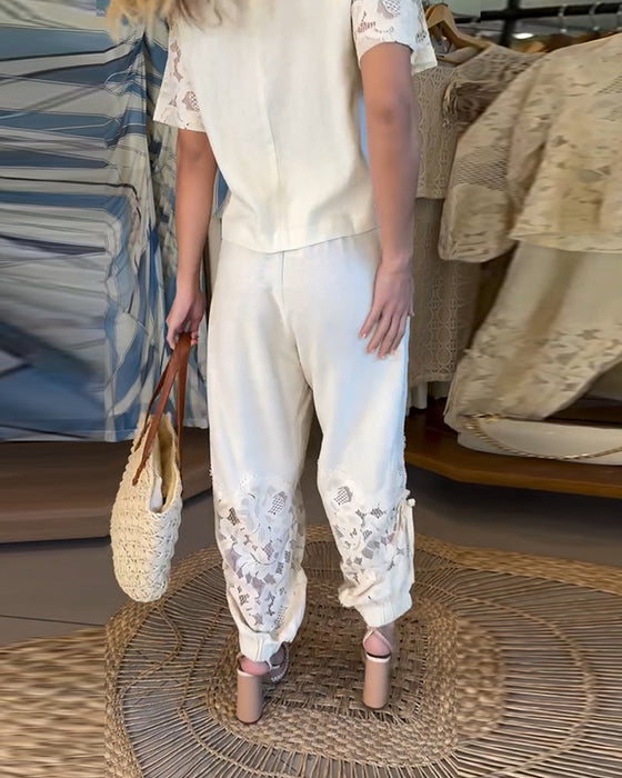 Pants Solid Färg Spets Patchwork Rynkad Lång