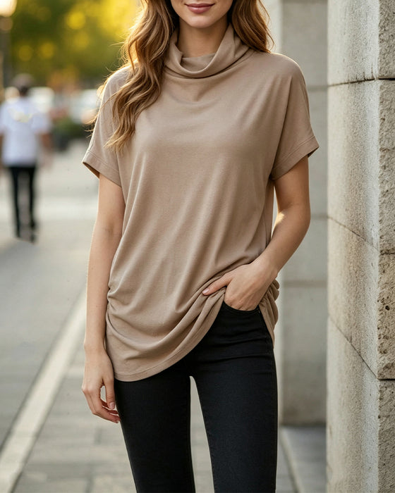 Blus Mock Neck Kort Ärm Sida Rynkad