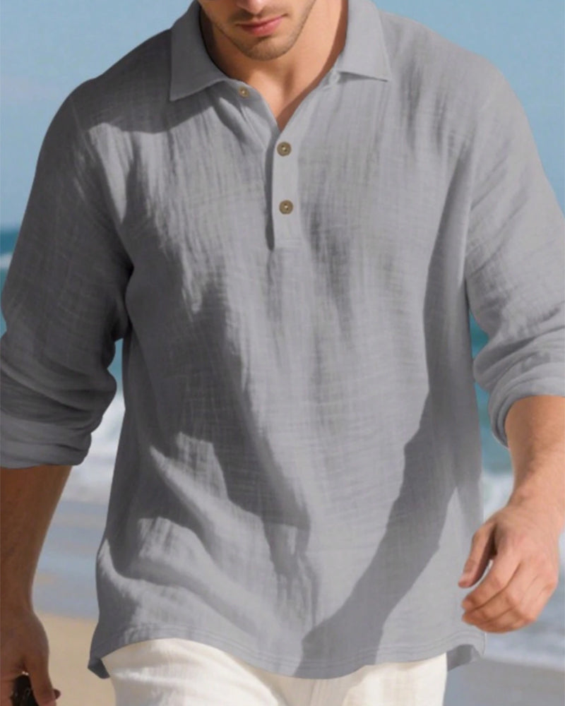 Skjorta Herr Lättvikt Lös Linne Långärmad Polo