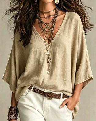 Blouse V-Hals Trefjärdedels Ärm Löst
