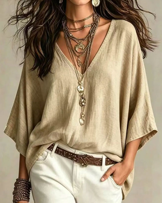 Blouse V-Hals Trefjärdedels Ärm Löst