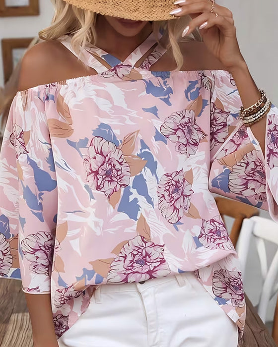 Blus Blommig Kors Off-Shoulder