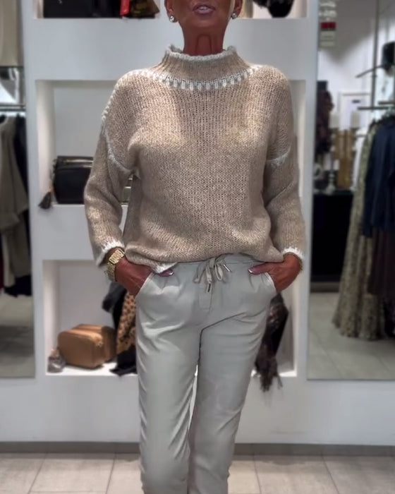 Mångsidig Pullover Med Hög Hals Och Kontrastfärger