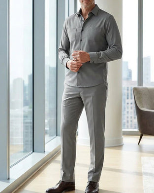 Herr 2-Delad Enfärgad Promenaddräkt - Lös Passform, Skrynkelbeständig, Snygg